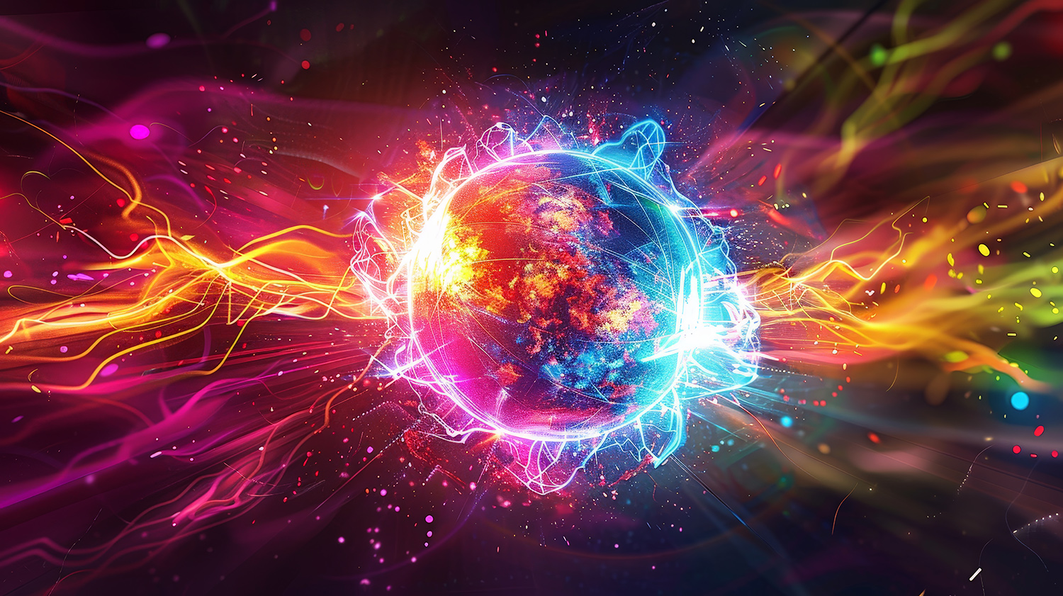 Neon Energy Sphere Surrounded by Dynamic Particles